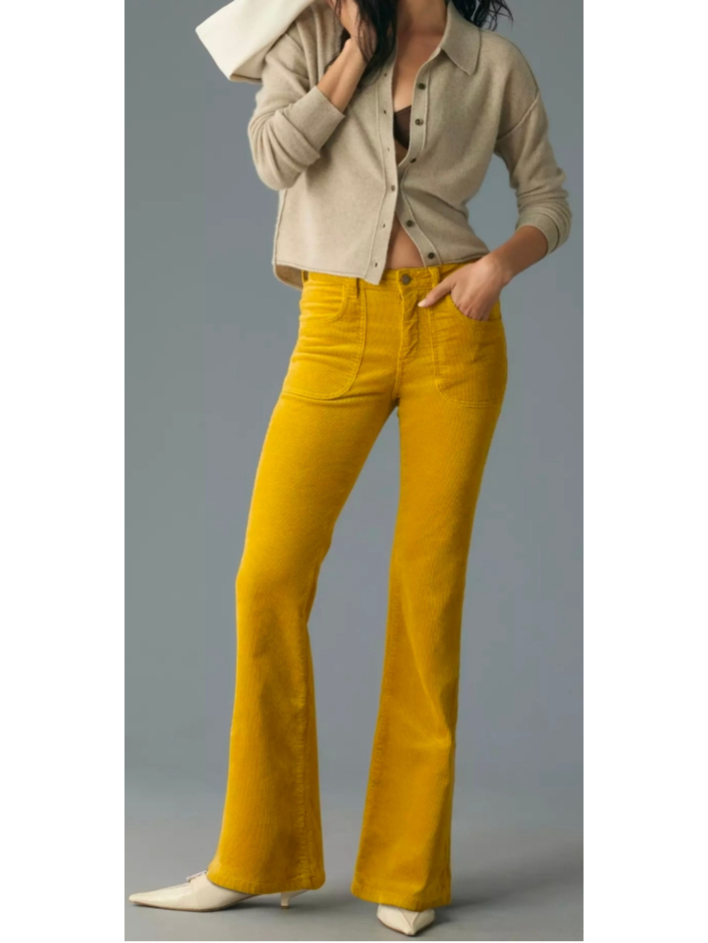 Pilcro Anthropologie The Icon Low Rise Corduroy Chop Pocket Flare Jeans Mustard